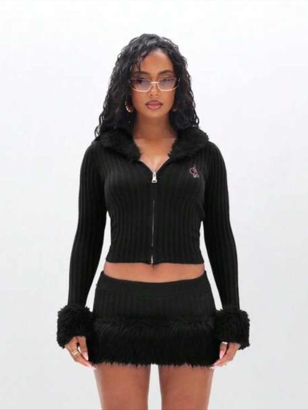Baby Phat Ribbed Knit Cardigan With Faux Fur Trim In Black